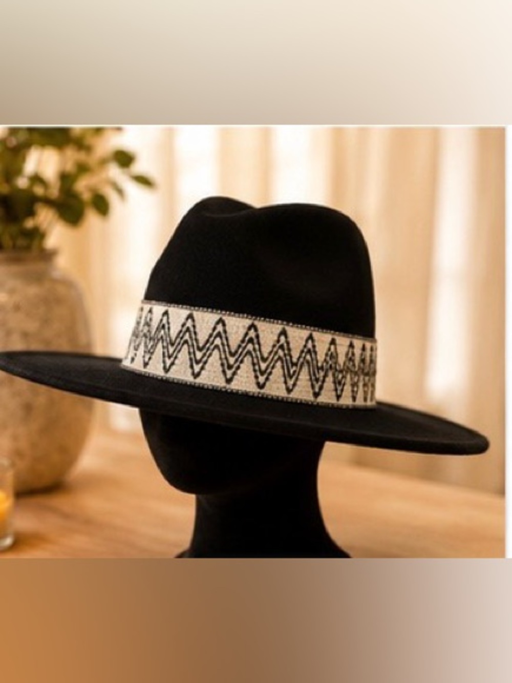 Black Fedora Hat with Patterned Cream Band